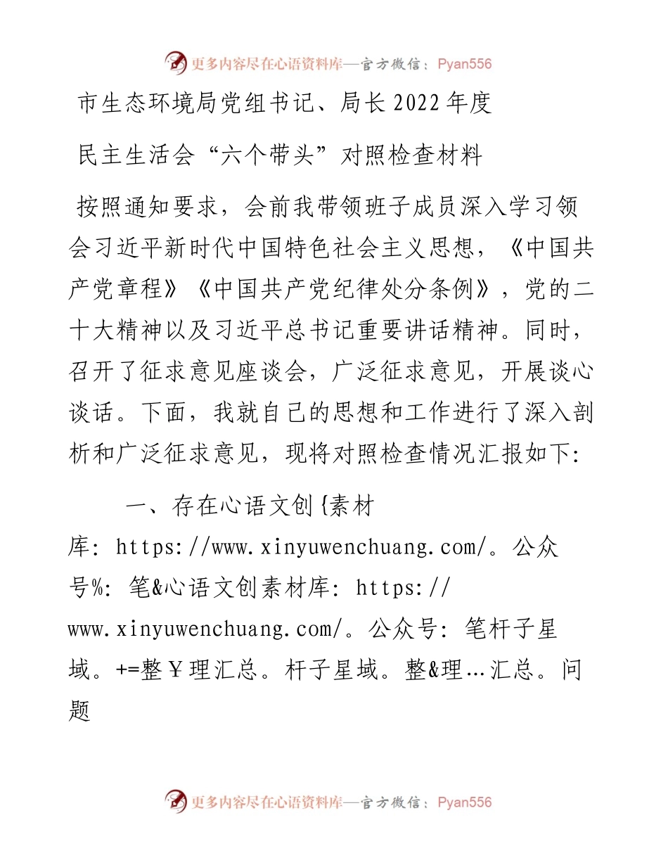 市生态环境局党组书记、局长度民主生活会“六个带头”对照检查材料.docx_第1页