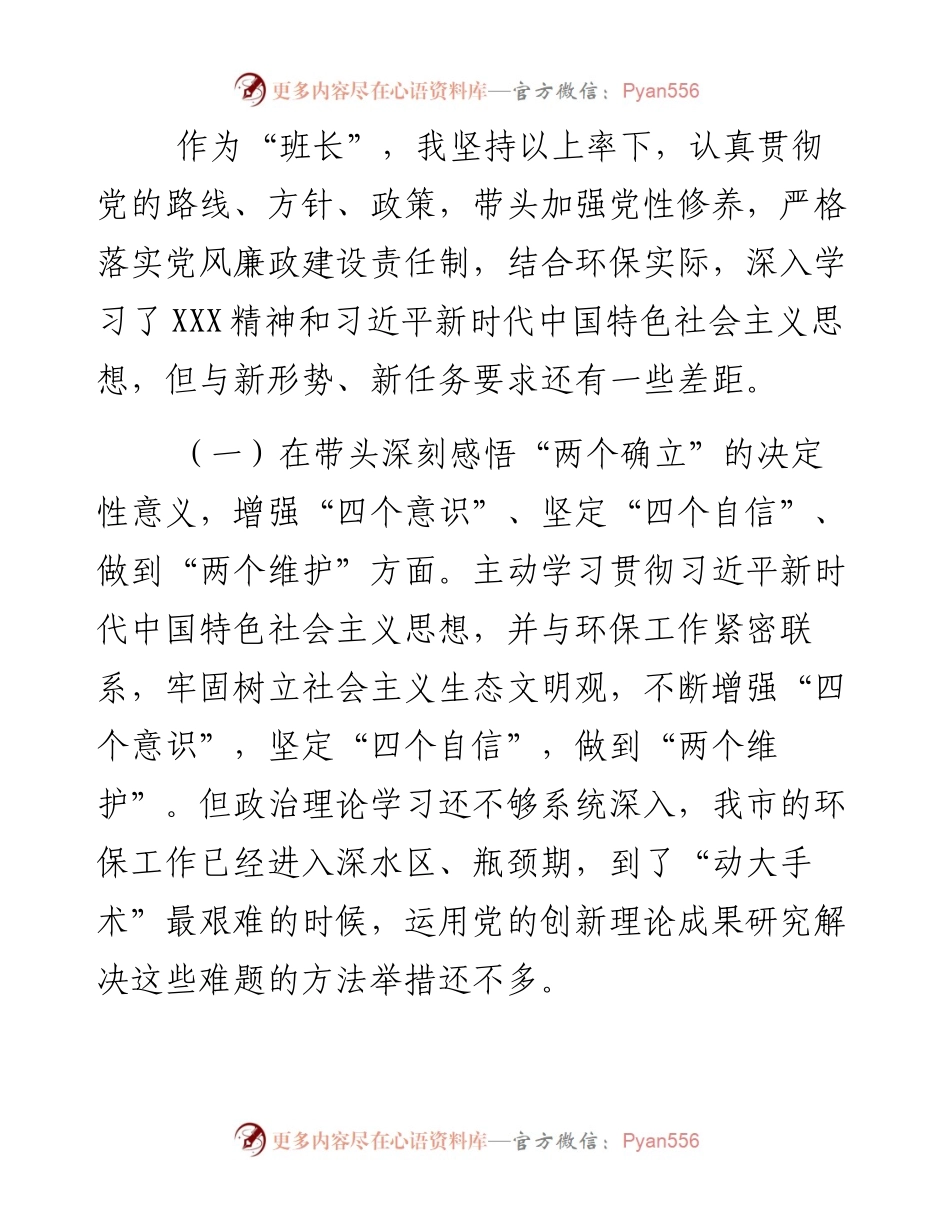 市生态环境局党组书记、局长度民主生活会“六个带头”对照检查材料.docx_第2页