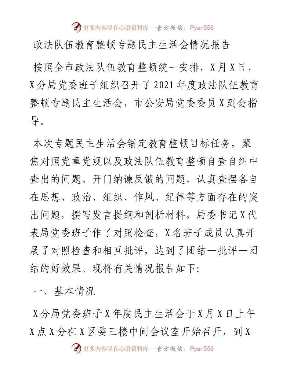 政法队伍教育整顿专题民主生活会情况总结报告.docx_第1页