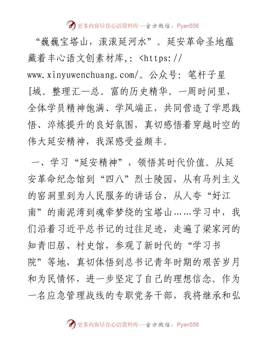 市应急管理局机关党委专职副书记在2024年市机关党务干部素养提升培训班关于延安精神典型发言.docx_第1页