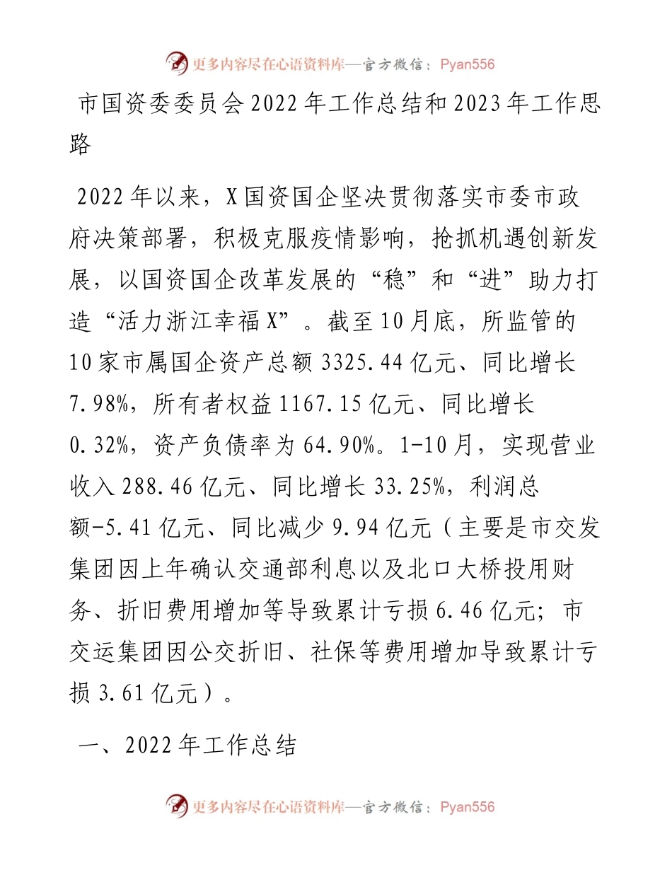 市国资委委员会工作总结和2023年工作思路(1).docx_第1页