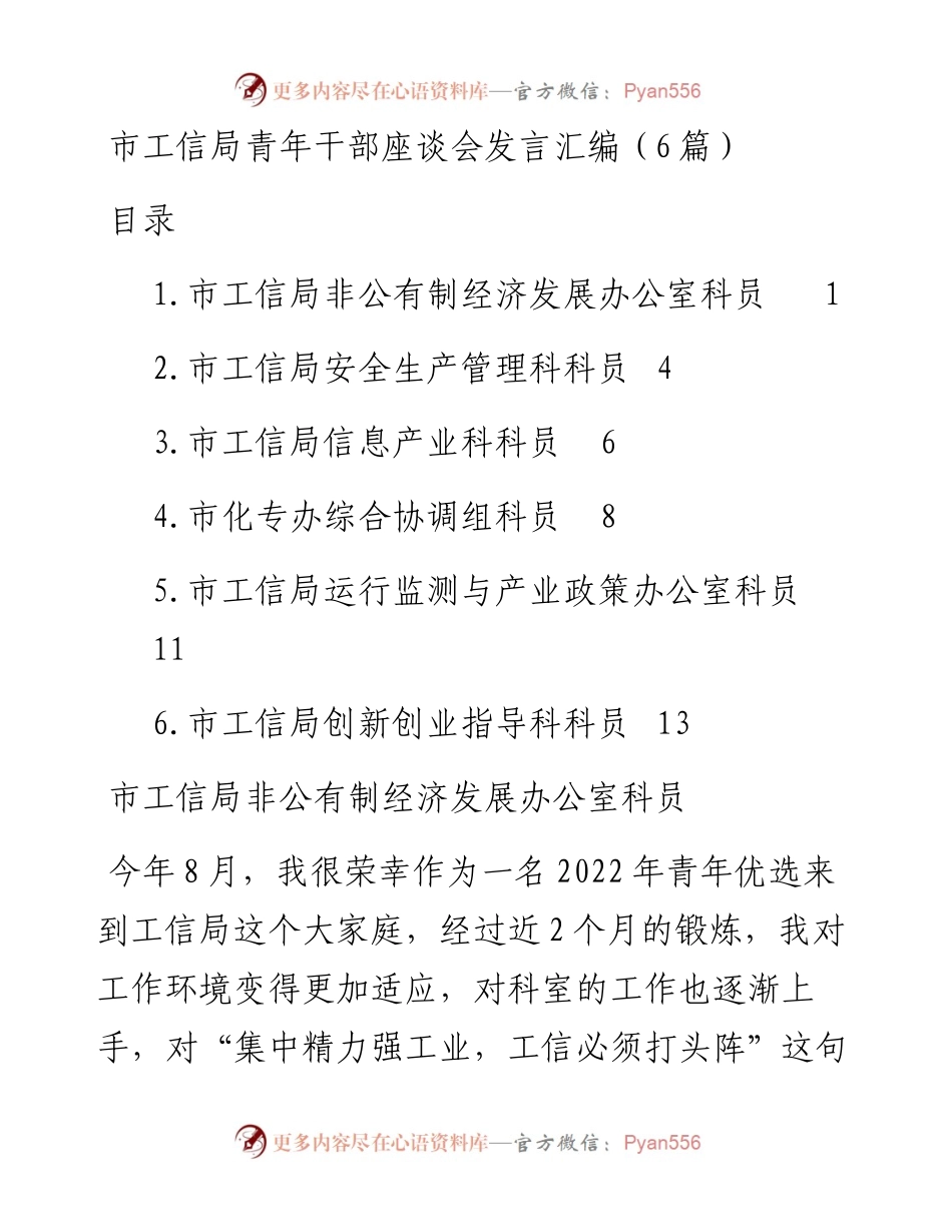 市工信局青年干部座谈会发言汇编（6篇）.docx_第1页