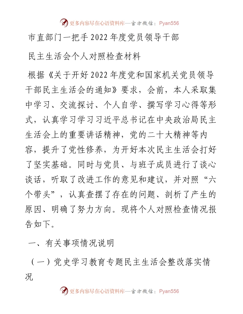 市直部门一把手度党员领导干部民主生活会个人对照检查材料.docx_第1页