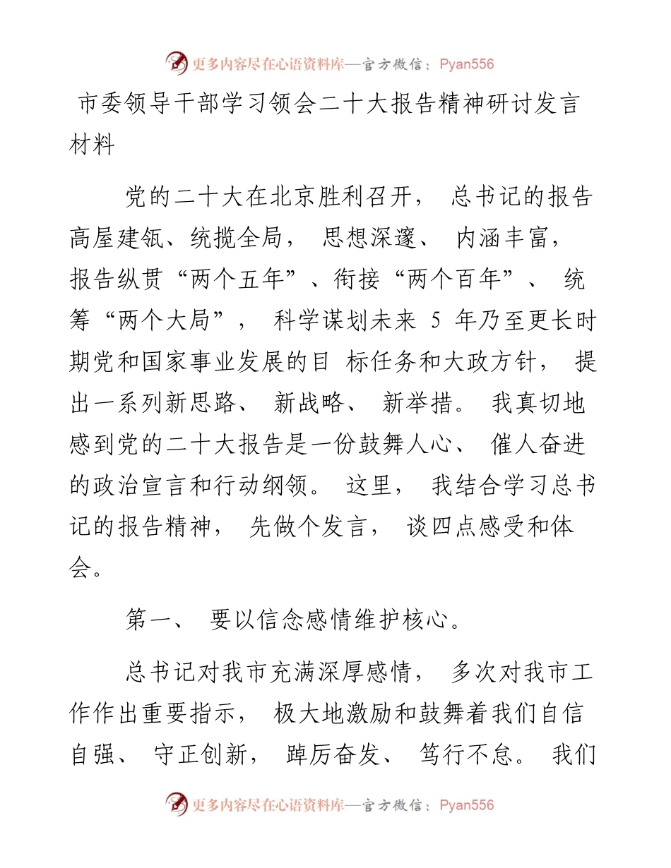 市委领导干部学习领会二十大报告精神研讨发言材料.docx_第1页