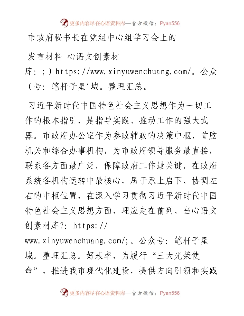 市政府秘书长在党组中心组学习会上的发言材料.docx_第1页