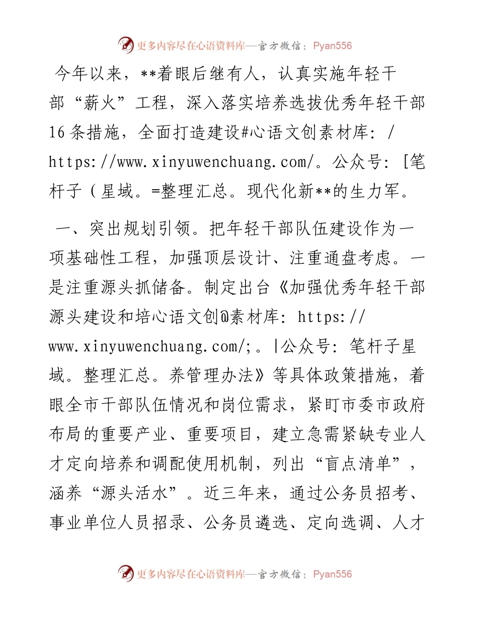 年轻干部“薪火”工程经验交流材料.docx_第1页