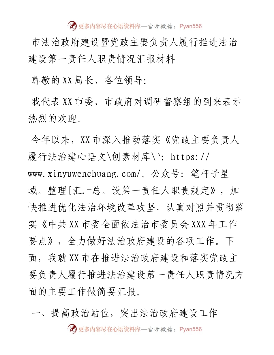 市法治政府建设暨党政主要负责人履行推进法治建设第一责任人职责情况汇报材料.docx_第1页