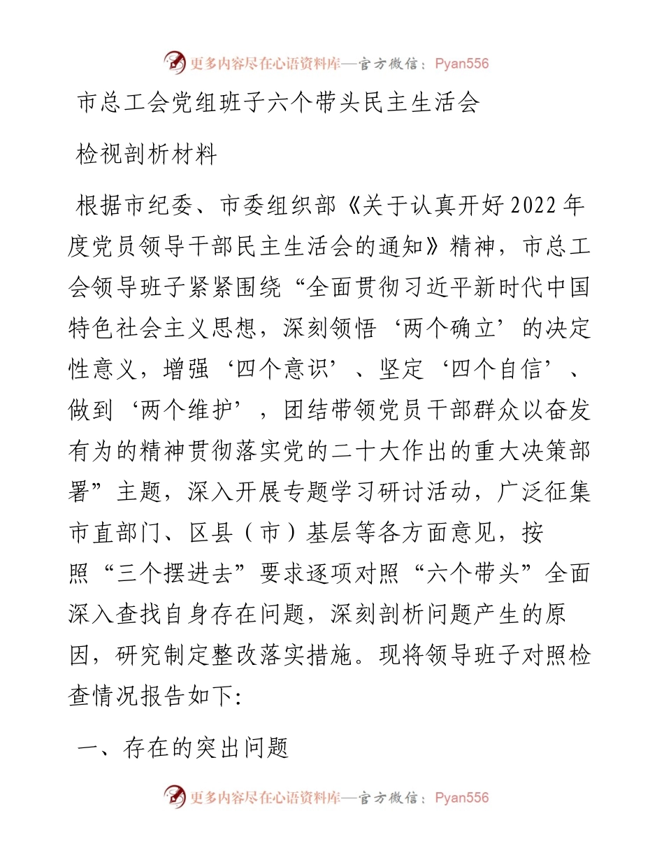 市总工会党组班子六个带头民主生活会检视剖析材料.docx_第1页