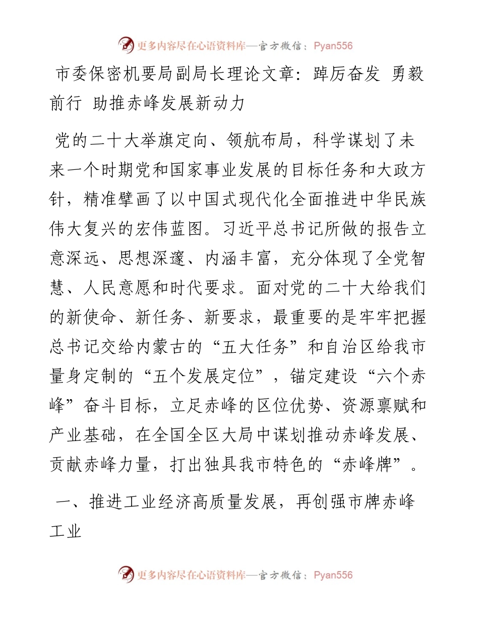 市委保密机要局副局长学习二十大精神理论文章：踔厉奋发 勇毅前行 助推赤峰发展新动力.docx_第1页
