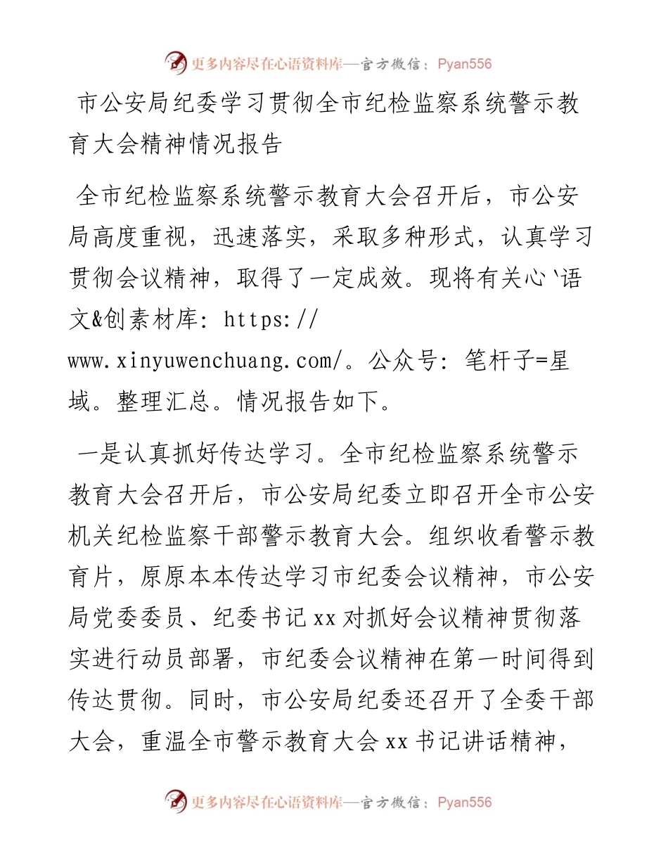 市公安局纪委学习贯彻全市纪检监察系统警示教育大会精神情况报告.docx_第1页