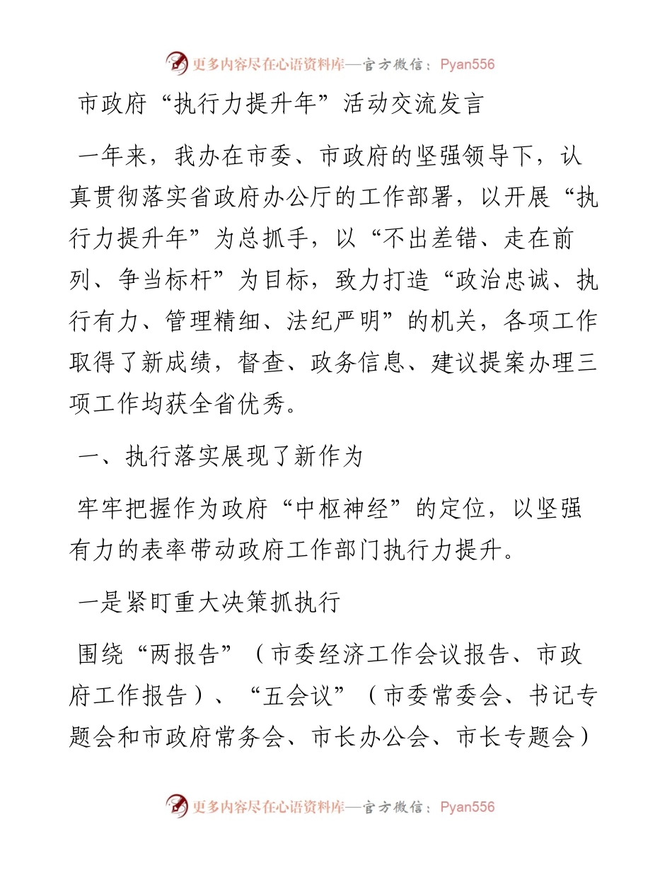 市政府“执行力提升年”活动交流发言.docx_第1页