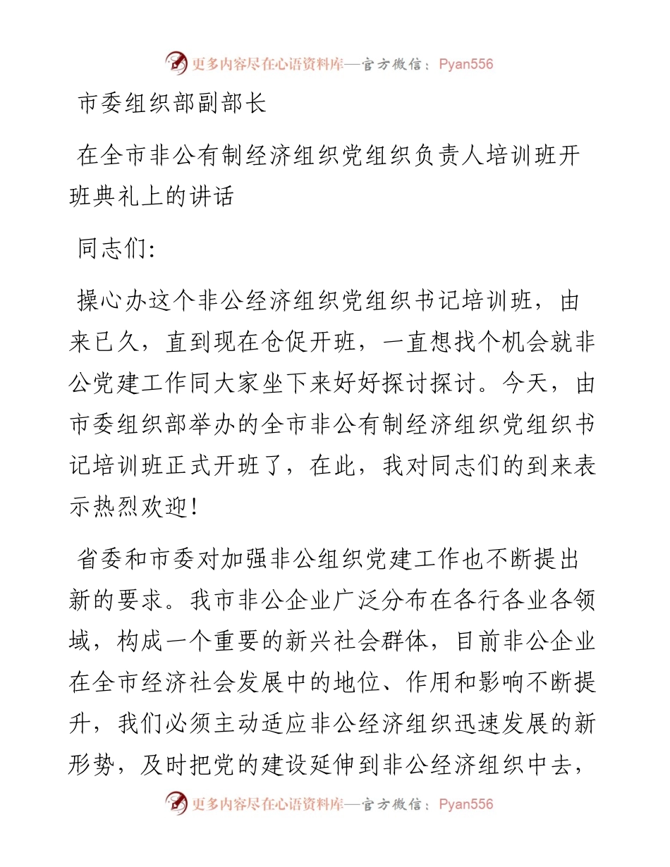 市委组织部副部长在全市非公有制经济组织党组织负责人培训班开班典礼上的讲话(1).docx_第1页