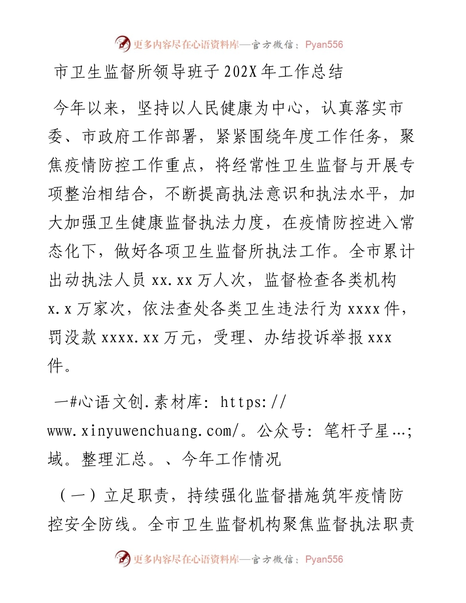 市卫生监督所领导班子202X年工作总结.docx_第1页