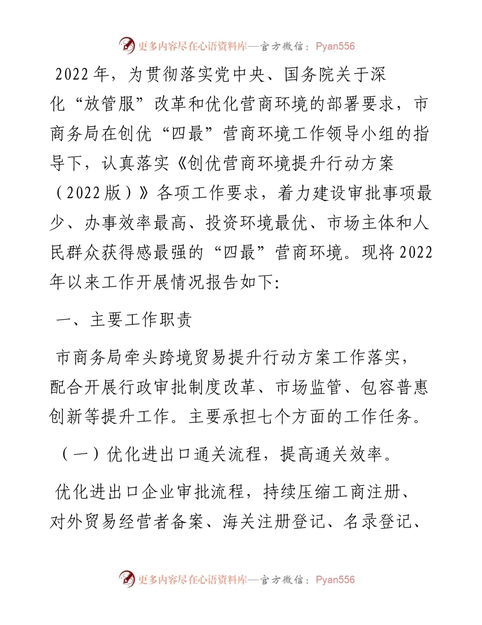 市商务局创优营商环境提升行动工作汇报.docx_第1页