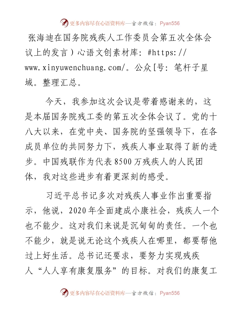 张海迪：在国务院残疾人工作委员会第五次全体会议上的发言.docx_第1页