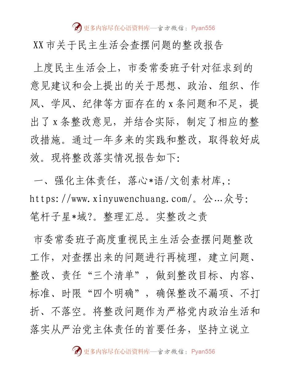 市关于民主生活会查摆问题的整改报告 (2).docx_第1页