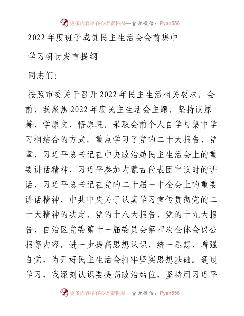 度班子成员民主生活会会前集中学习研讨发言提纲.docx_第1页