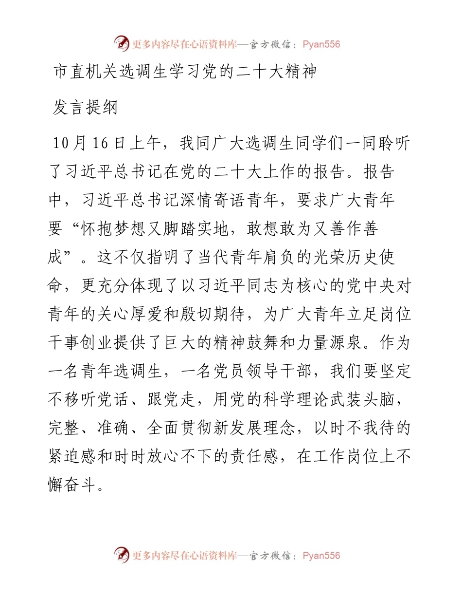 市直机关选调生学习党的二十大精神发言提纲.docx_第1页