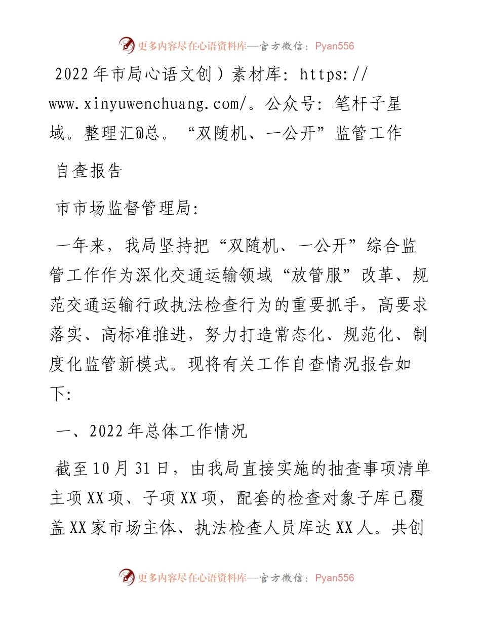 市局“双随机、一公开”监管工作自查报告.docx_第1页