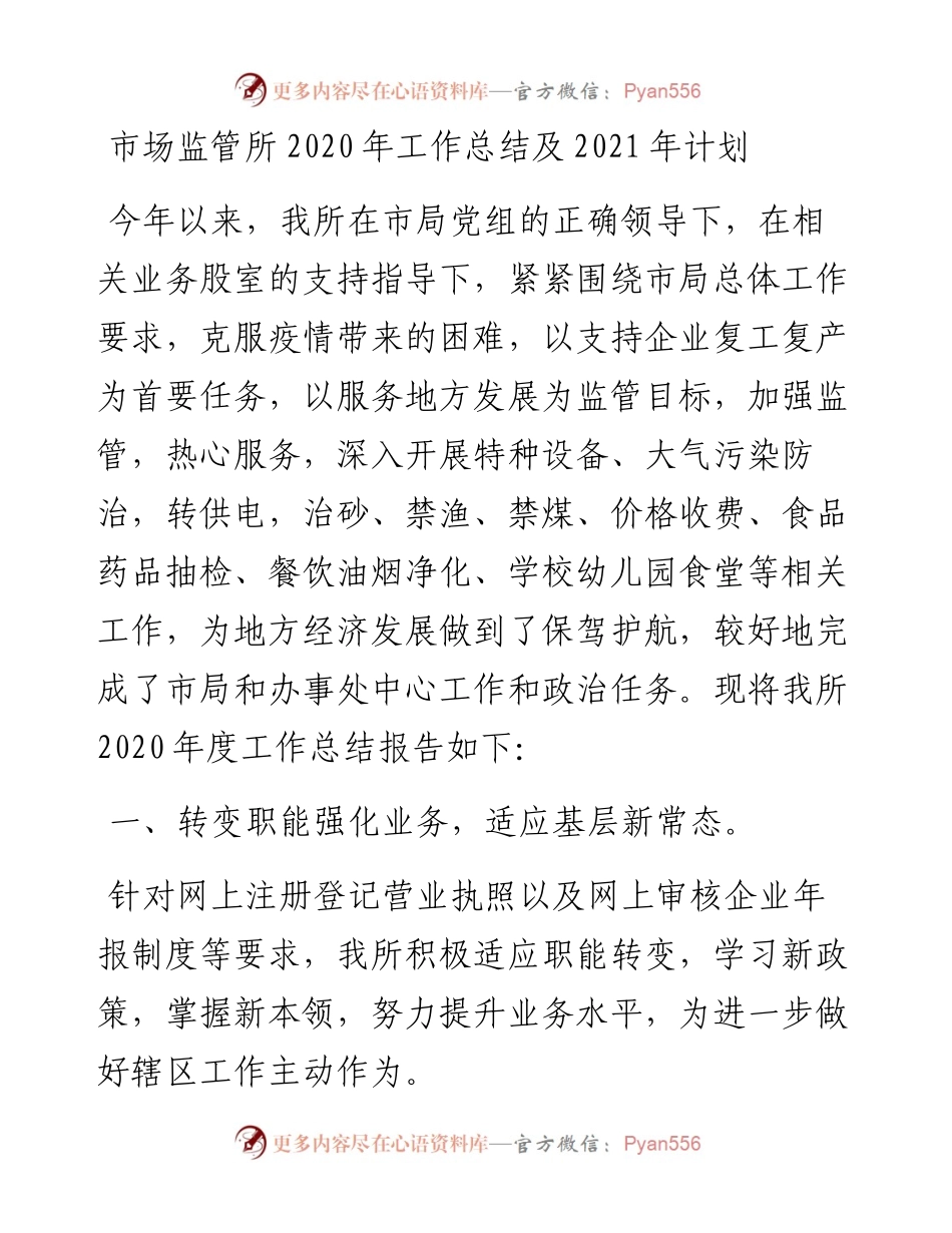 市场监管所工作总结及计划.docx_第1页