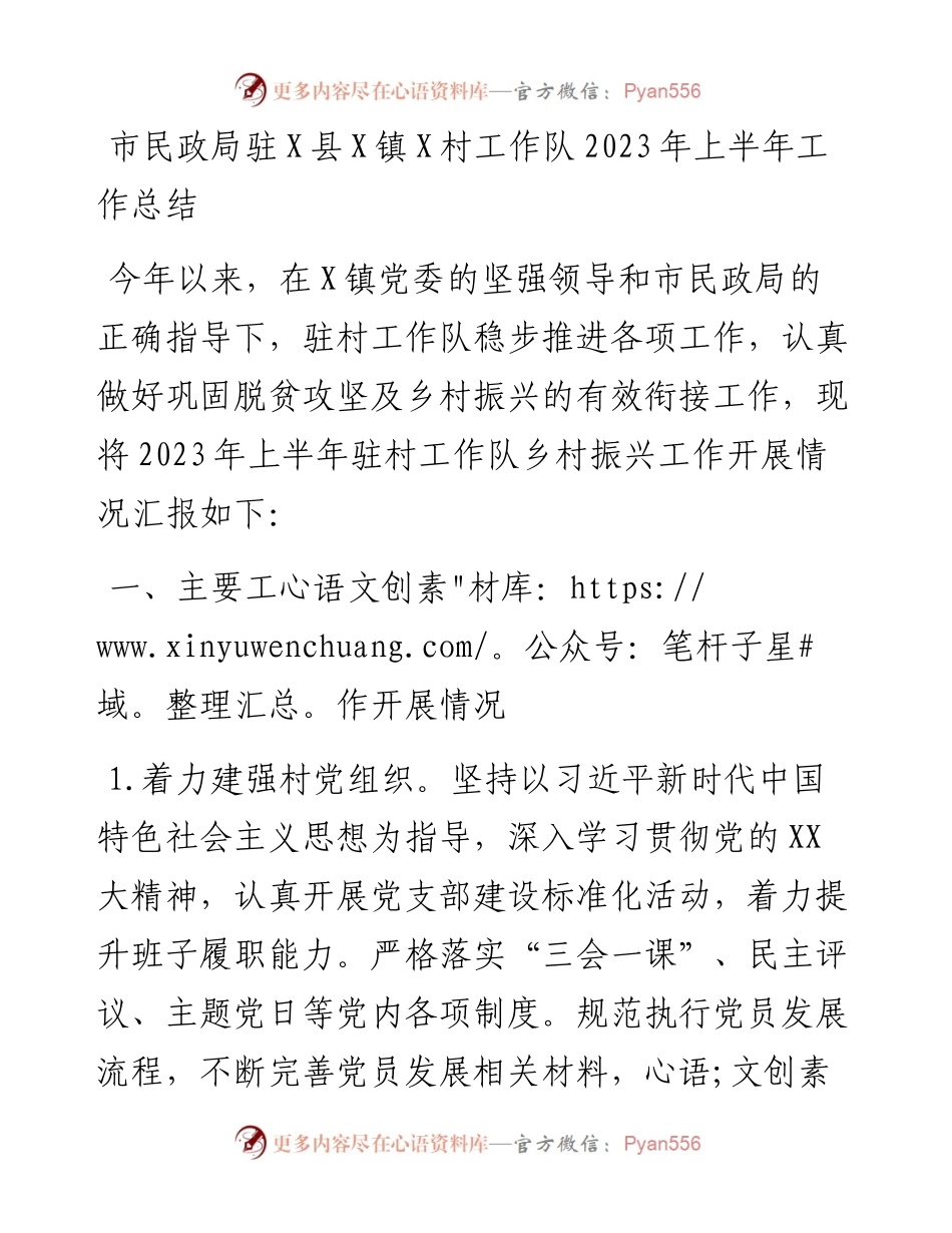 市民政局驻X县X镇X村工作队2023年上半年工作总结.docx_第1页