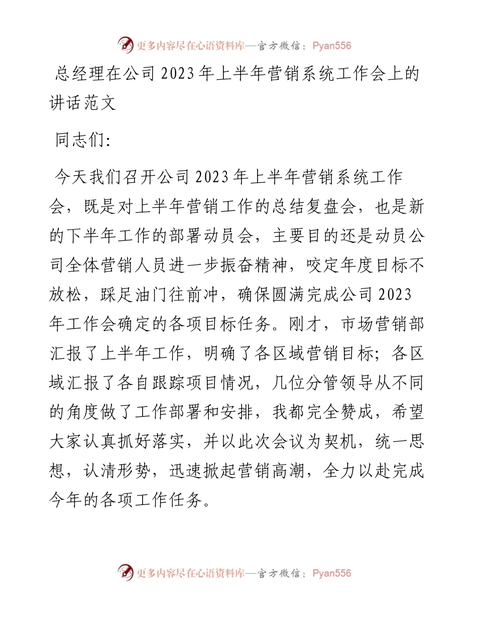 总经理在公司2023年上半年营销系统工作会议上的讲话（集团企业）.docx_第1页