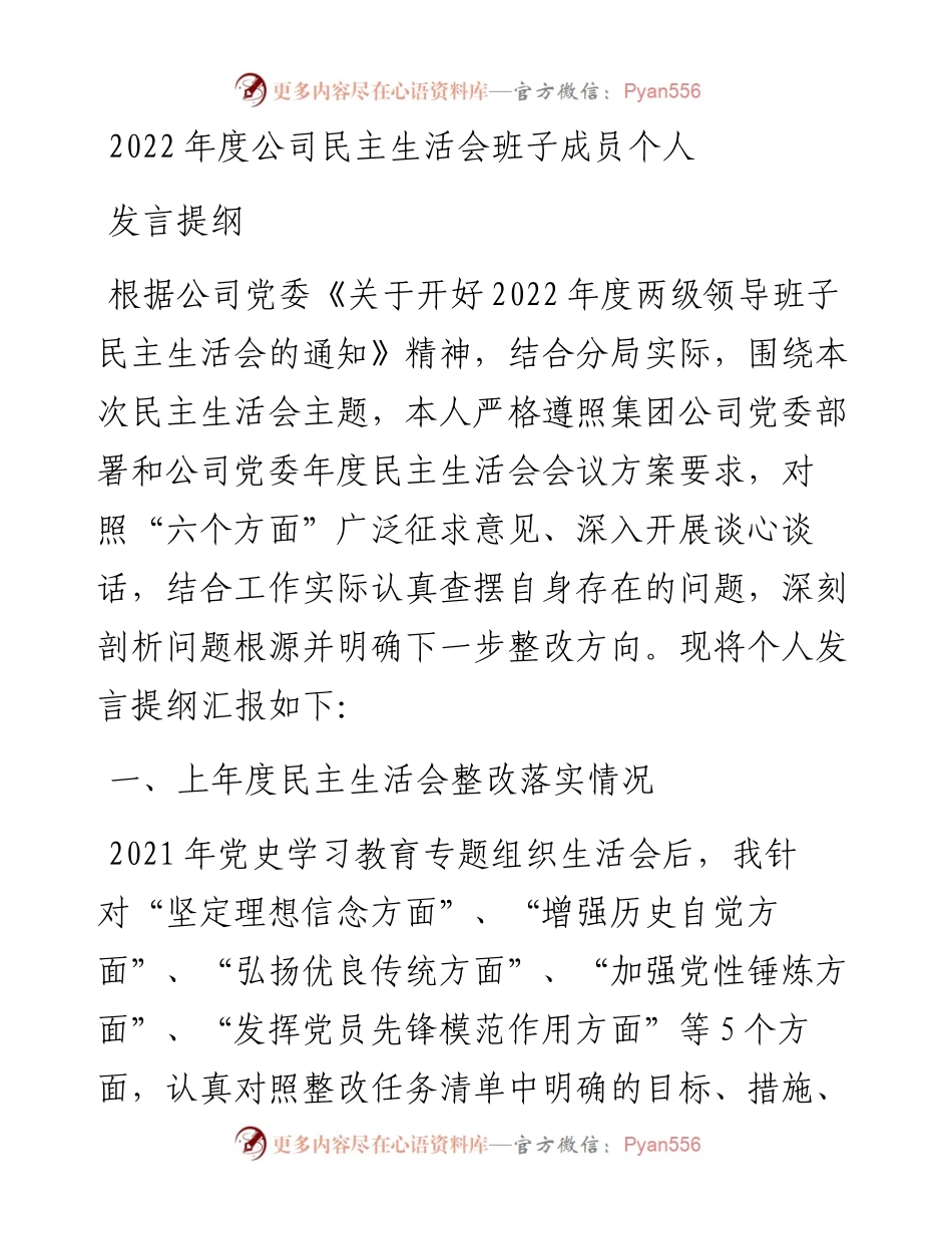 度公司民主生活会班子成员个人发言提纲.docx_第1页