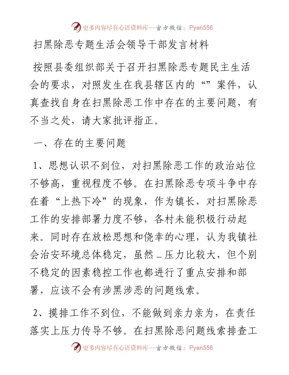 扫黑除恶专题生活会领导干部发言材料(1).docx_第1页