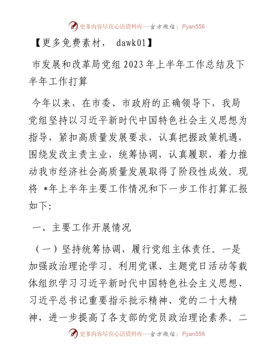 市发展和改革局党组2023年上半年工作总结及下半年工作打算.docx_第1页