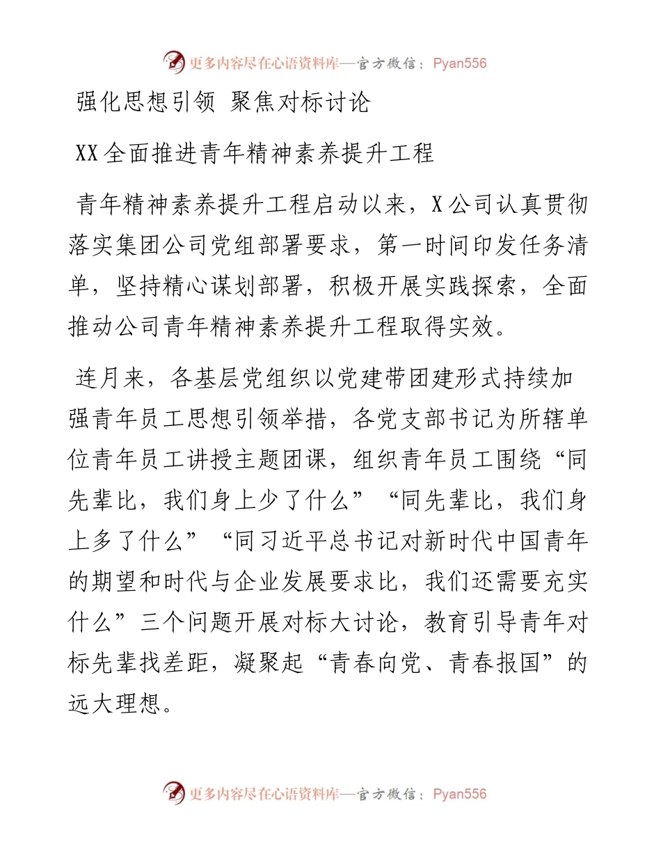 强化思想引领 聚焦对标讨论 XX全面推进青年精神素养提升工程.docx_第1页