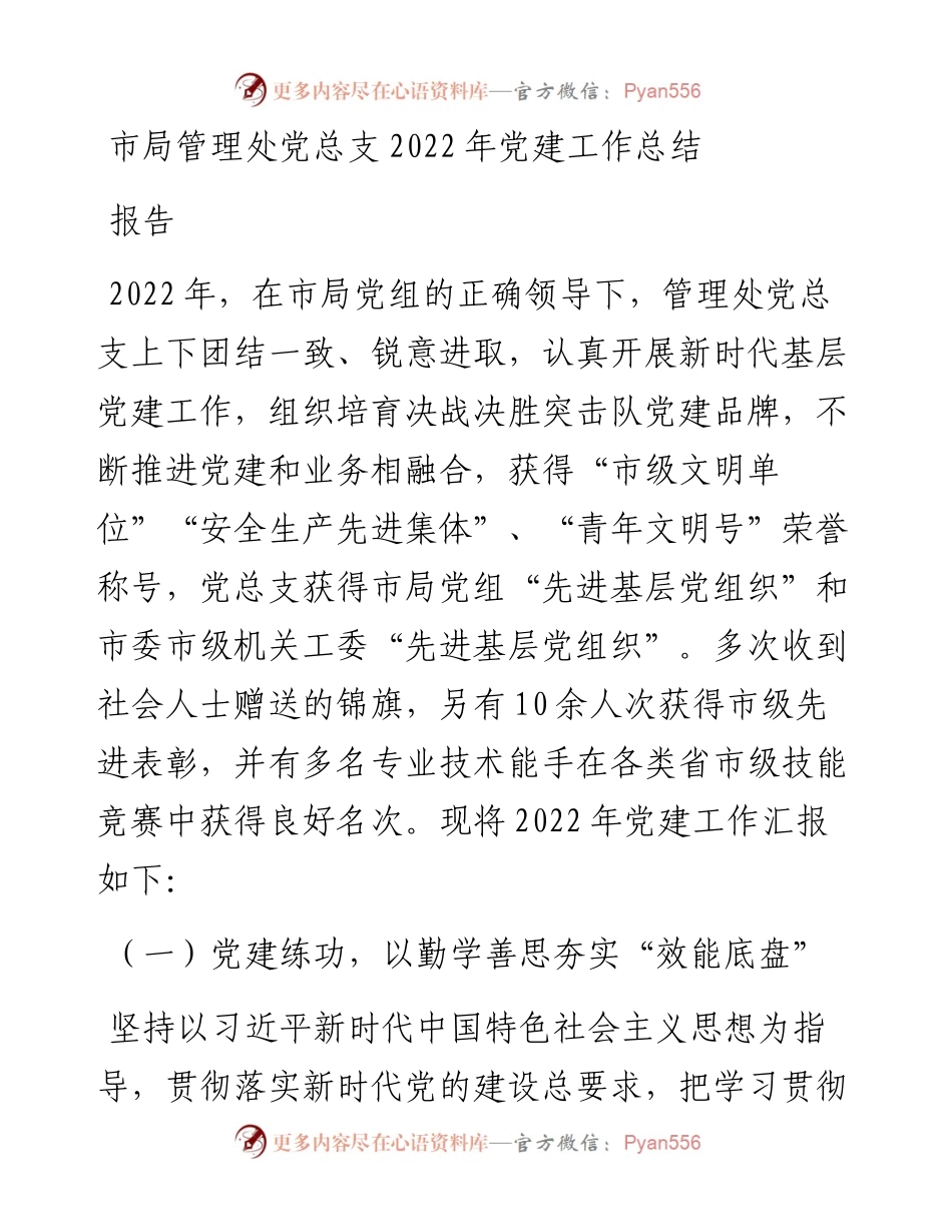 市局管理处党总支党建工作总结报告(1).docx_第1页
