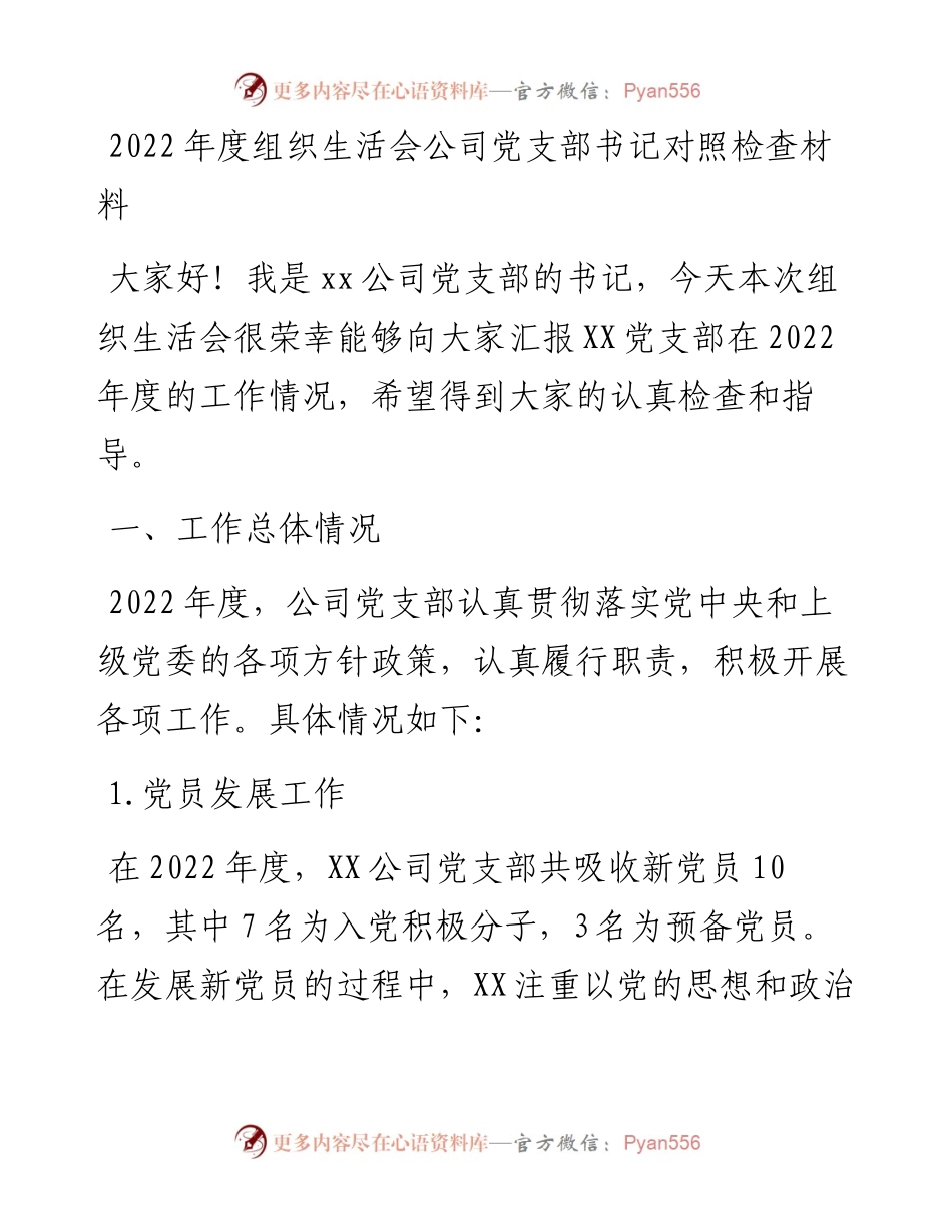 度组织生活会公司党支部书记对照检查材料.docx_第1页