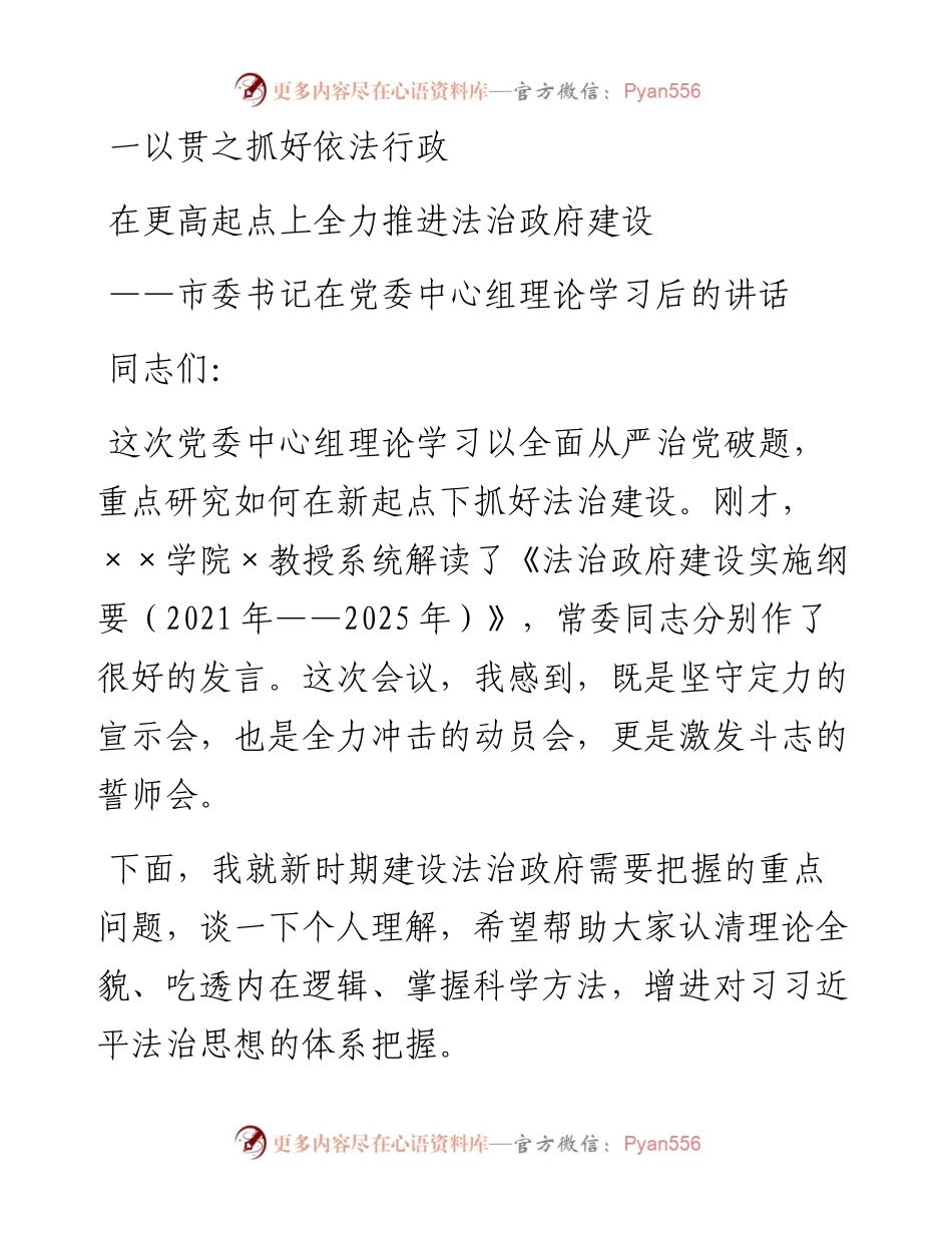 市委书记在党委中心组理论学习后的讲话 法治政府建设.docx_第1页