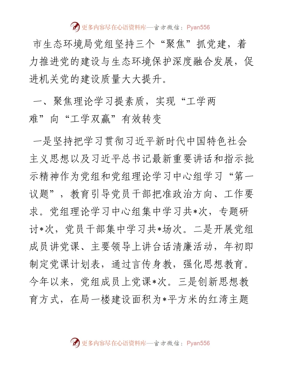 市生态环境局经验交流发言：做实三个聚焦 推动机关党建提质增效.docx_第1页