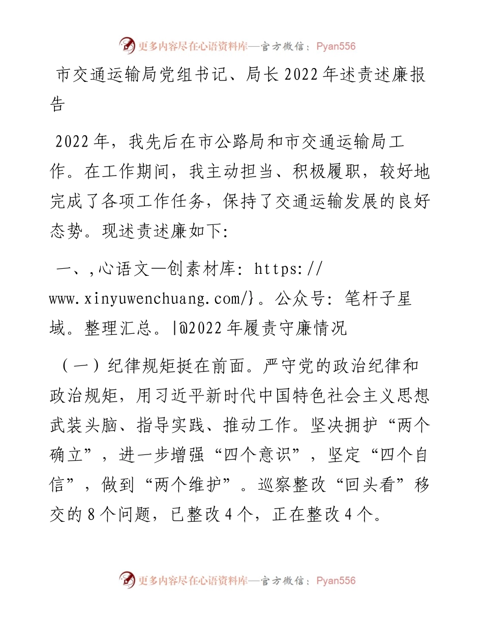 市交通运输局党组书记、局长述责述廉报告.docx_第1页
