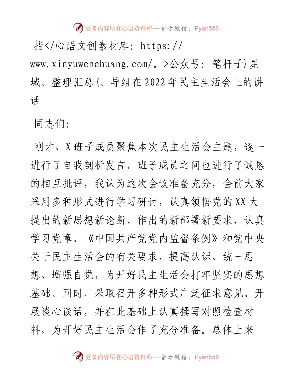 指导组在民主生活会上的讲话.docx_第1页