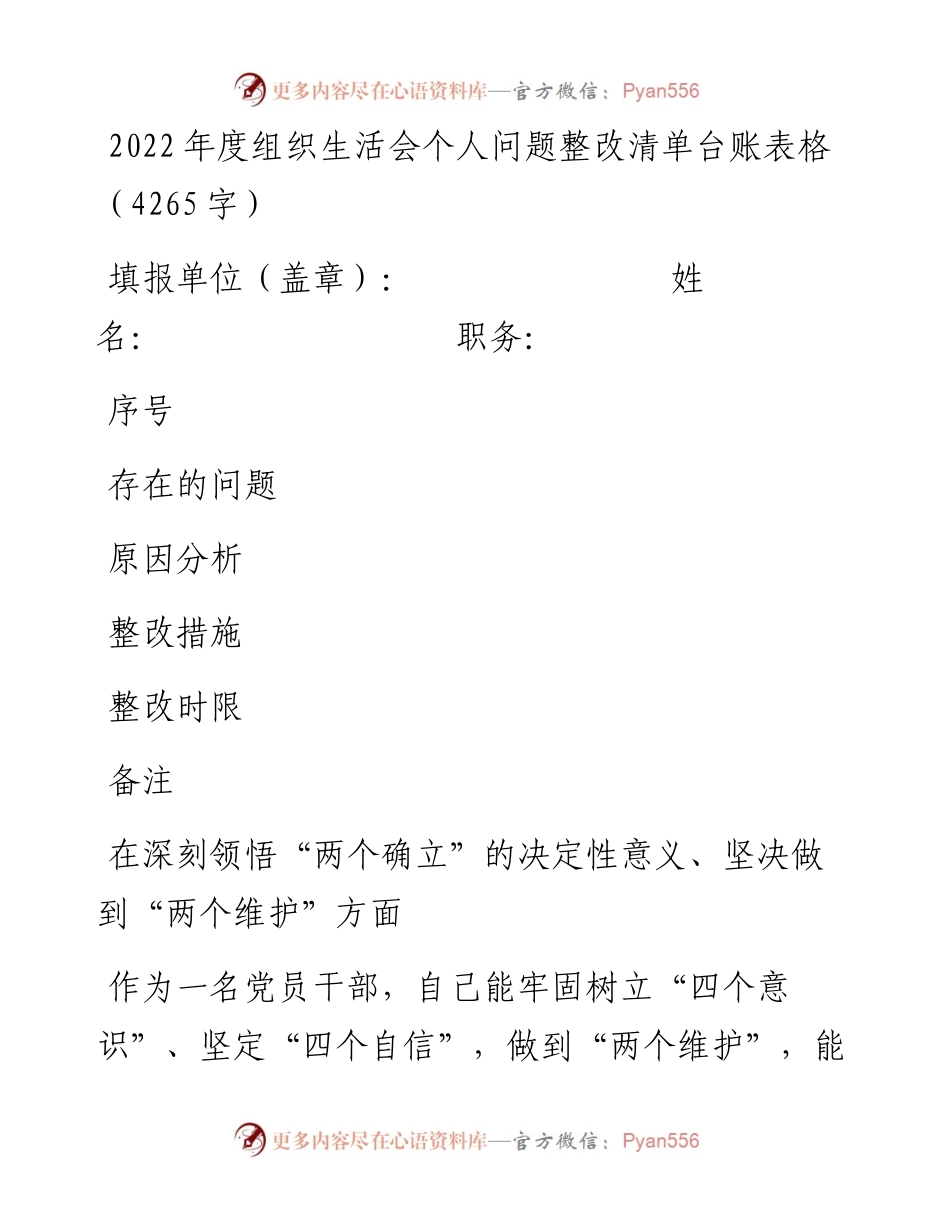 度组织生活会个人问题整改清单台账表格.docx_第1页