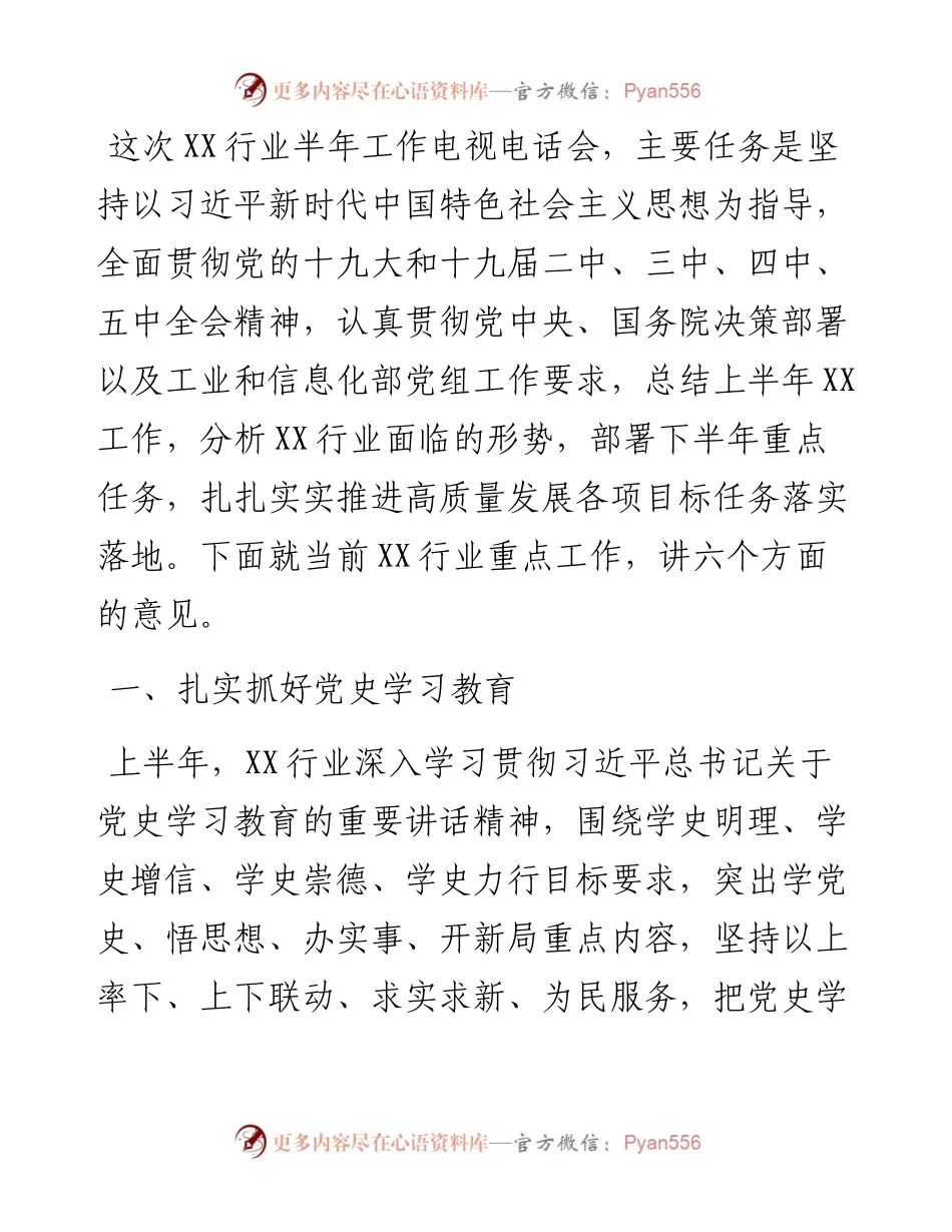 总经理在XX行业上半年工作电视电话会上的讲话.docx_第1页
