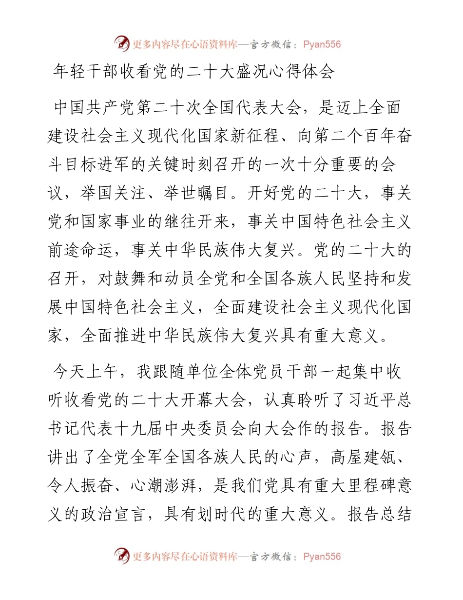 年轻干部收看党的二十大盛况心得体会.docx_第1页