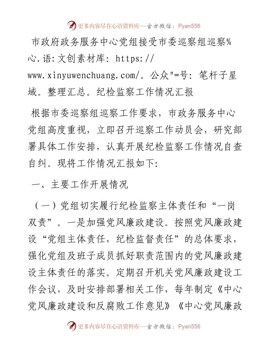 市政府政务服务中心党组接受市委巡察组巡察纪检监察工作情况汇报.docx_第1页