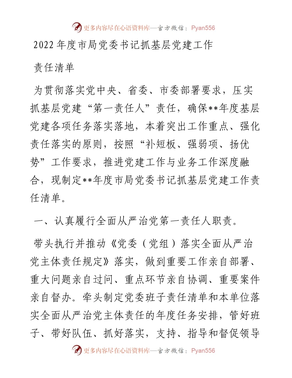 度市局党委书记抓基层党建工作责任清单.docx_第1页