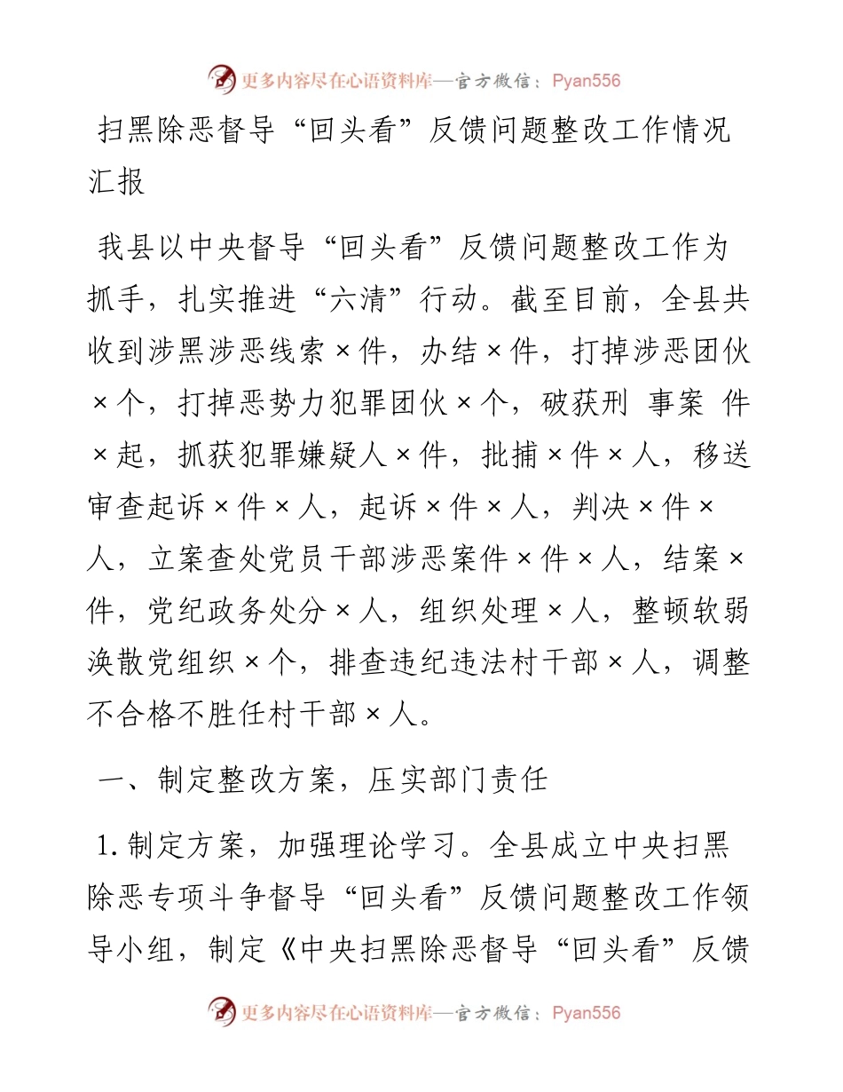 扫黑除恶督导“回头看”反馈问题整改工作情况汇报.docx_第1页