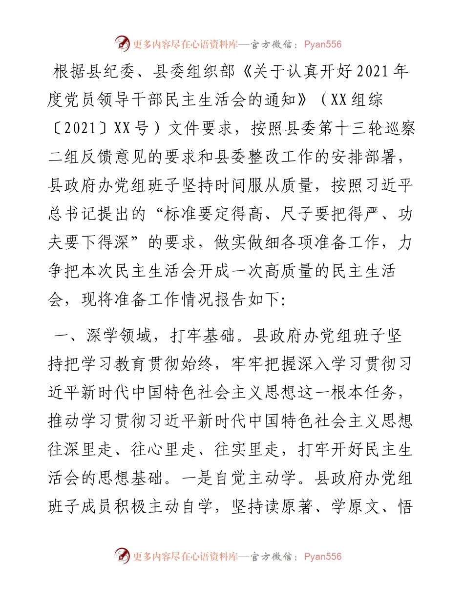 政府办公室党组度民主生活会准备工作情况报告.docx_第1页