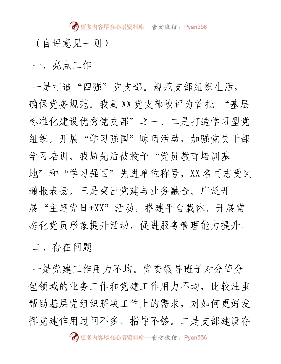 市直部门党建工作自评意见二则.docx_第1页