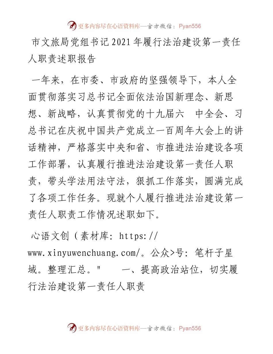 市文旅局党组书记履行法治建设第一责任人职责述职报告.docx_第1页