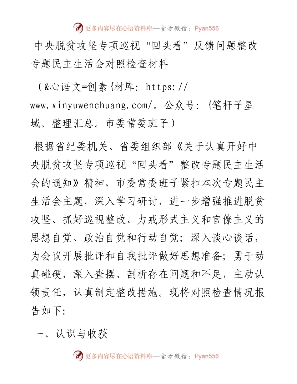 市委常委班子中央脱贫攻坚专项巡视回头看反馈问题整改专题民主生活会对照检查材料.docx_第1页