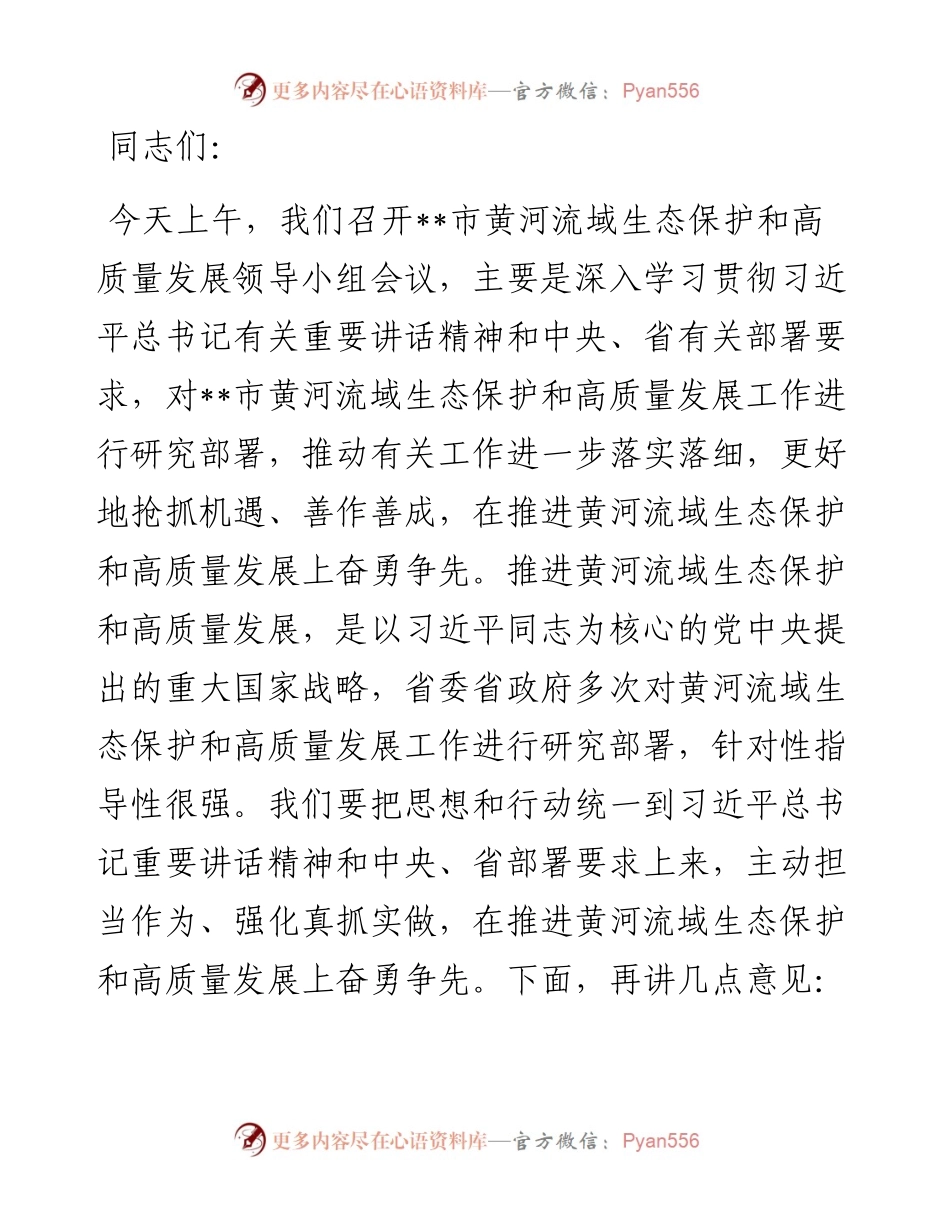 市委书记在黄河流域生态保护和高质量发展领导小组会议上的讲话.docx_第1页