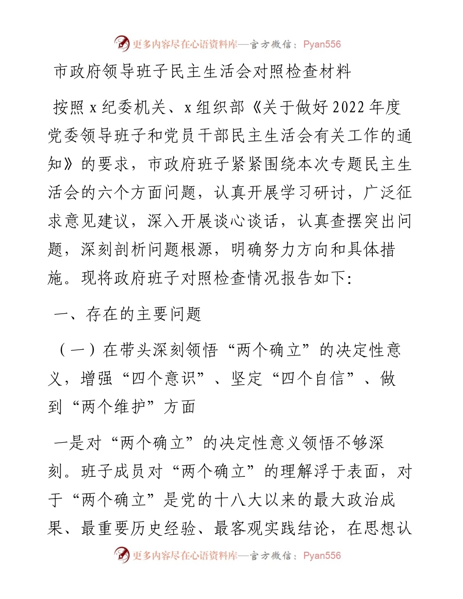市政府领导班子民主生活会对照检查材料.docx_第1页