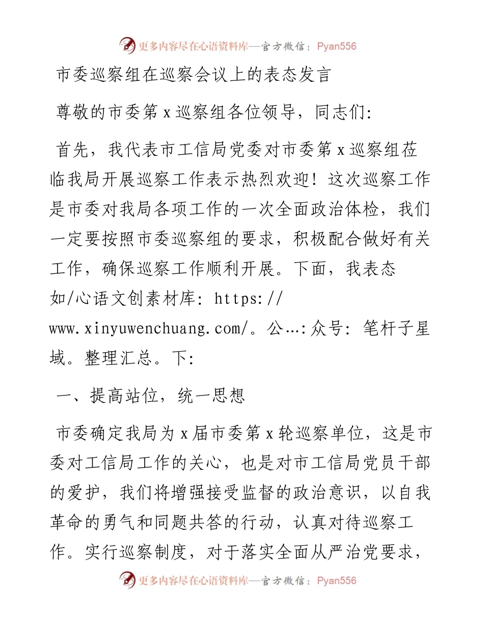 市委巡察组在巡察会议上的表态发言.docx_第1页