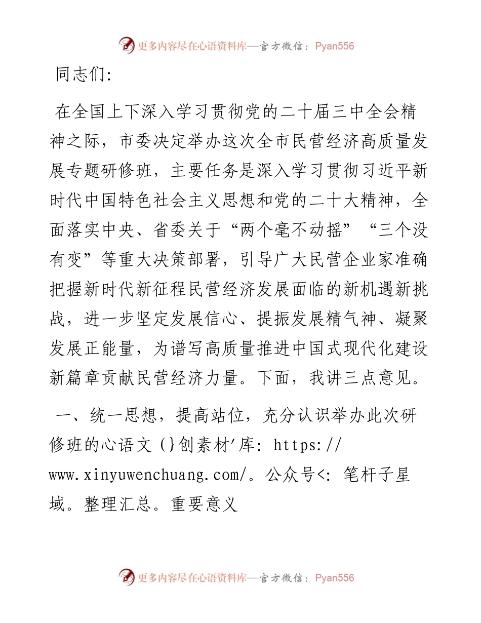 市委书记在2024年全市民营经济高质量发展专题研修班开班仪式上的讲话.docx_第1页